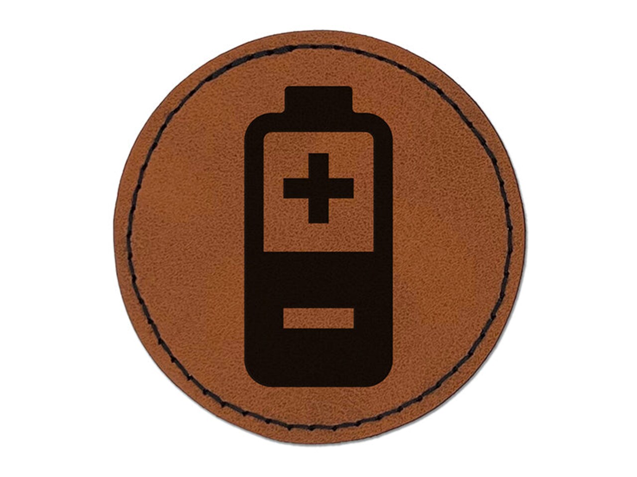 Battery Icon Round Iron-On Engraved Faux Leather Patch Applique - 2.5"